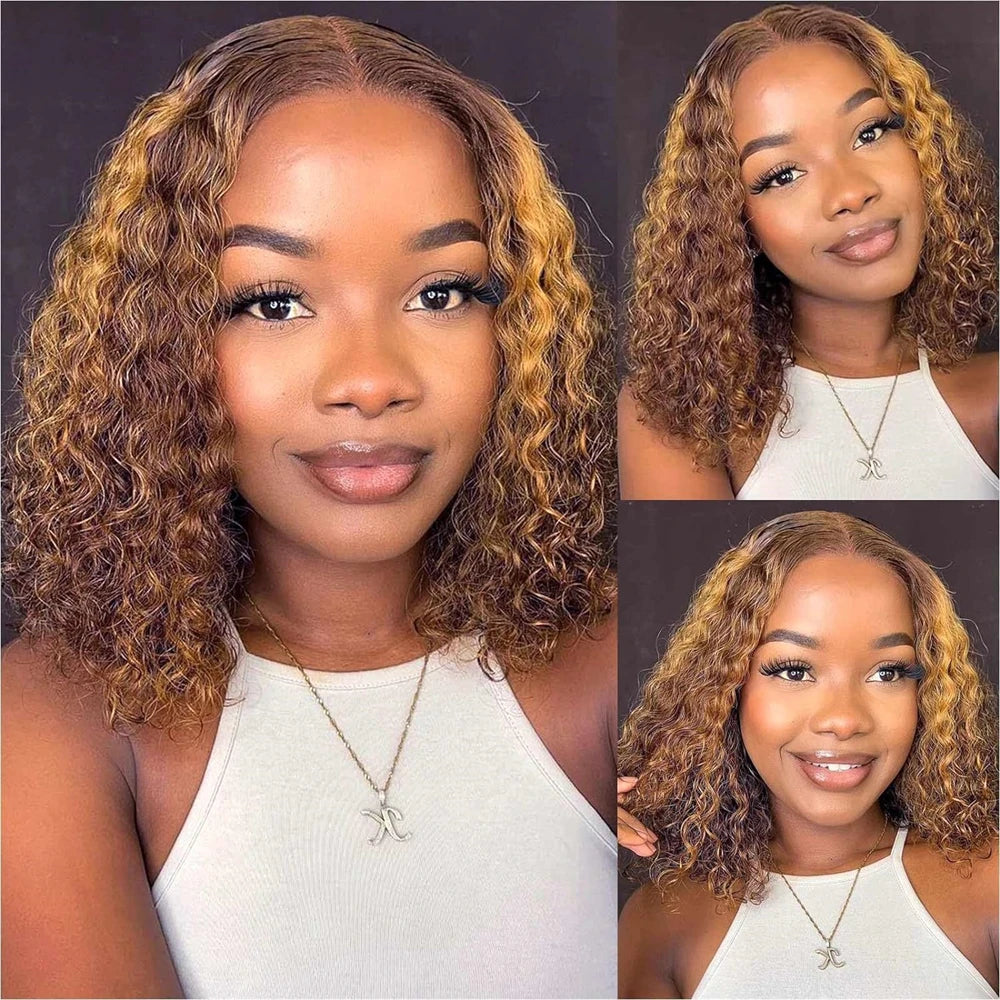 Highlight Short Bob Wigs Deep Wave 13x4 Lace Frontal Wig Human Hair Kinky Curly Frontal Bob Wig 4/27 Ombre Color 250% Density