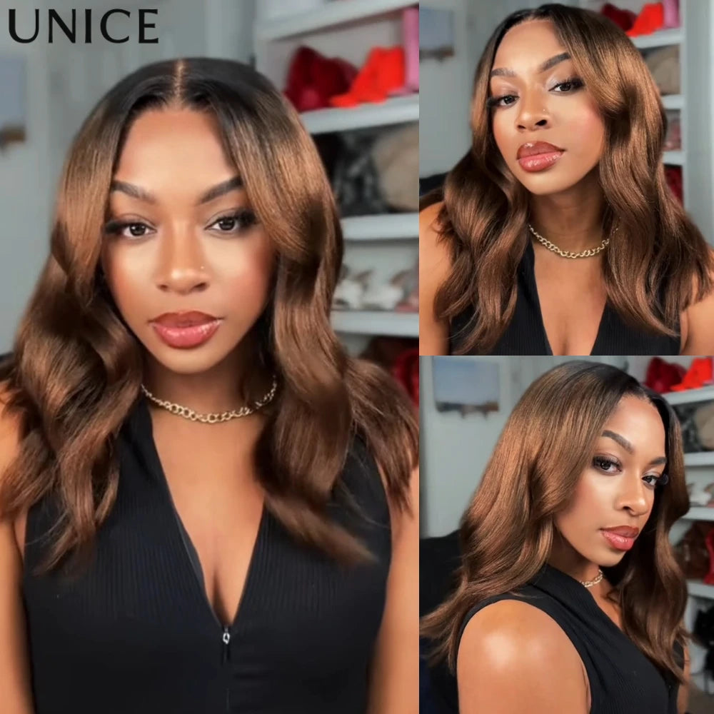 UNICE Chestnut Brown Ombre Yaki Straight Bob Human Hair Wig 7x5 & 13x4 Lace Glueless Wig 150% Density