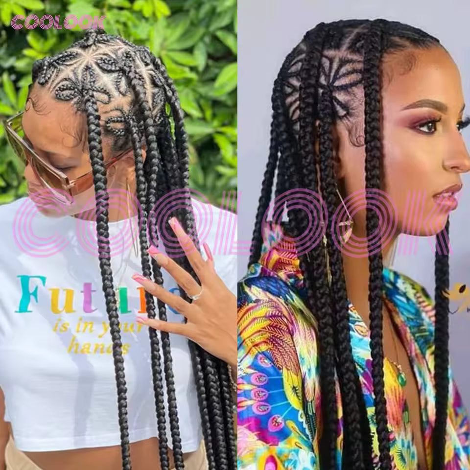 Coolook 36Inch Butterfly Full Lace Cornrow Braided Wigs for Black Women Synthetic Knotless Box Braids Wig Lace Front Braiding Hair Wig