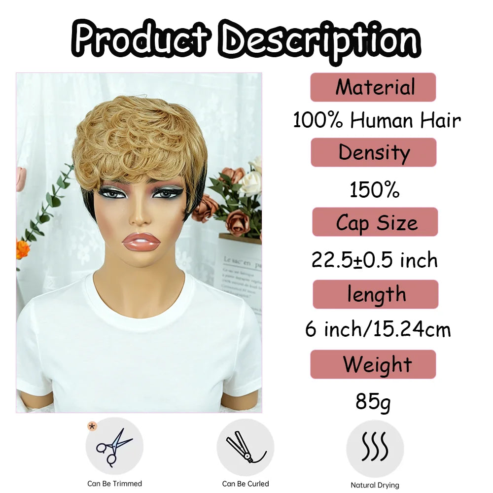 Curly Bob Wig Human Hair Black Champagne Color Hair With Bangs Machine Made Affordable Remy Fluffy Human Hair Wig
