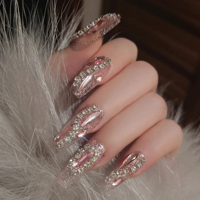 Glitter Fairy Rhinestone False nail Tips for Bride lady Wearable Sweet Crystal Design Press on Nails Mid Length Fake Nail Patch