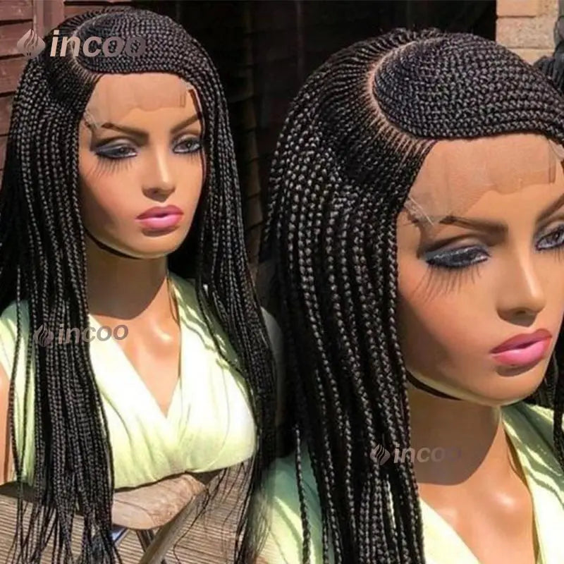 36" Cornrow Braided Wigs Synthetic Handmade Side Part Braided Wig Full Lace Frontal Braiding Wig Goddess Knotless Box Braids Wig