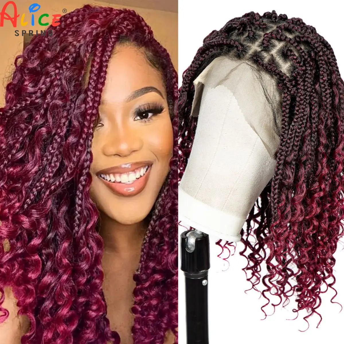 Knotless Box Boho Braided Wigs with Curly Ends Synthetic Full Lace Braided Lace Wigs Short Braided Bob Wig for Black Women