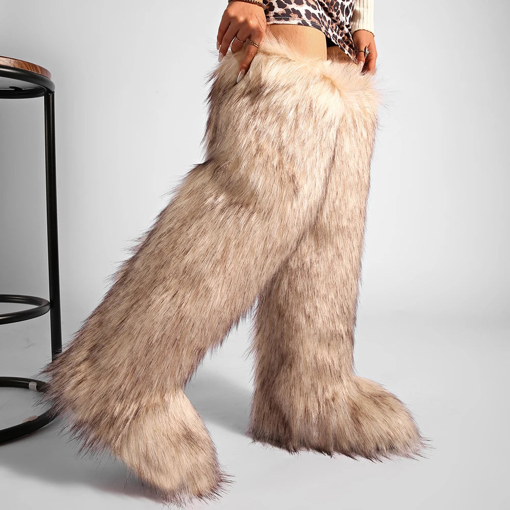 Women's Cozy Faux Fur over the Knee Boots Thigh High Fluffy Y2K Furry Fuzzy Warm Outdoor Comfortable Girls Boot