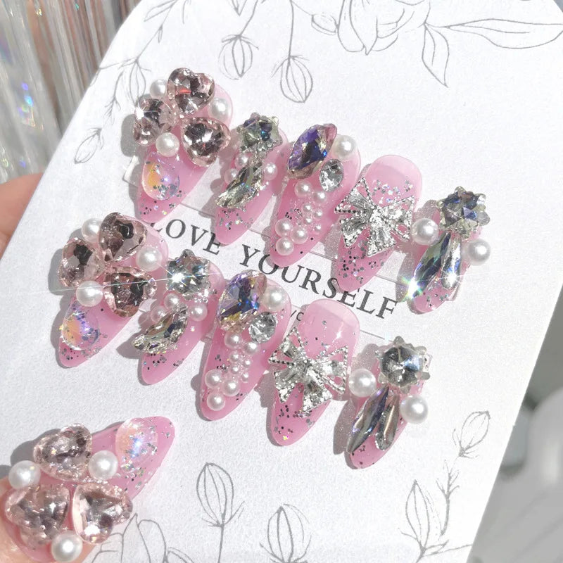 Glitter Fairy Rhinestone False nail Tips for Bride lady Wearable Sweet Crystal Design Press on Nails Mid Length Fake Nail Patch