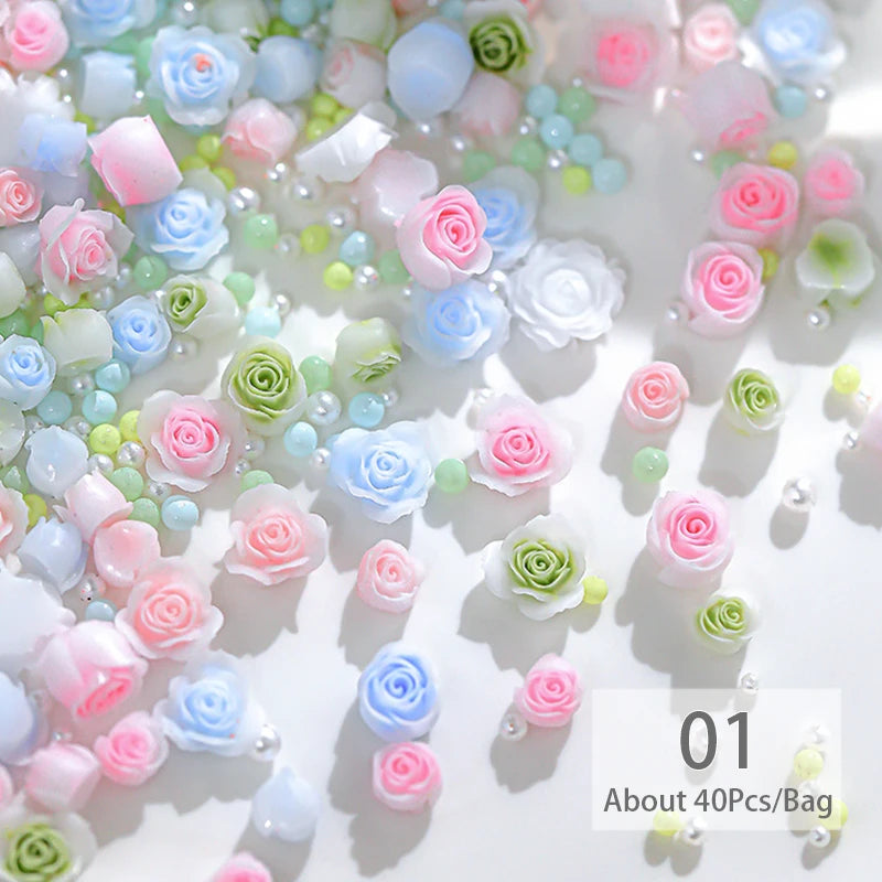 100/200pcs 3D Mixed Nail Decorations Kawaii Heart Flower Bear Pearl Design Rhinestone Nail Art Charms Jewelry Manicure Accessory