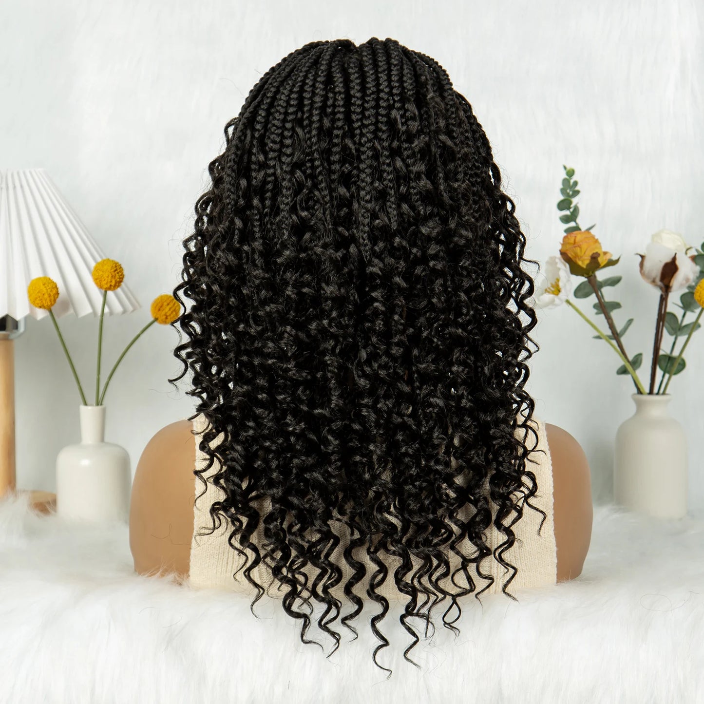 Kima Short Bohemian Box Braids Braided Wig Full Lace Boho Braided Wigs Synthetic Curly Hair with Baby Hair for Black Women
