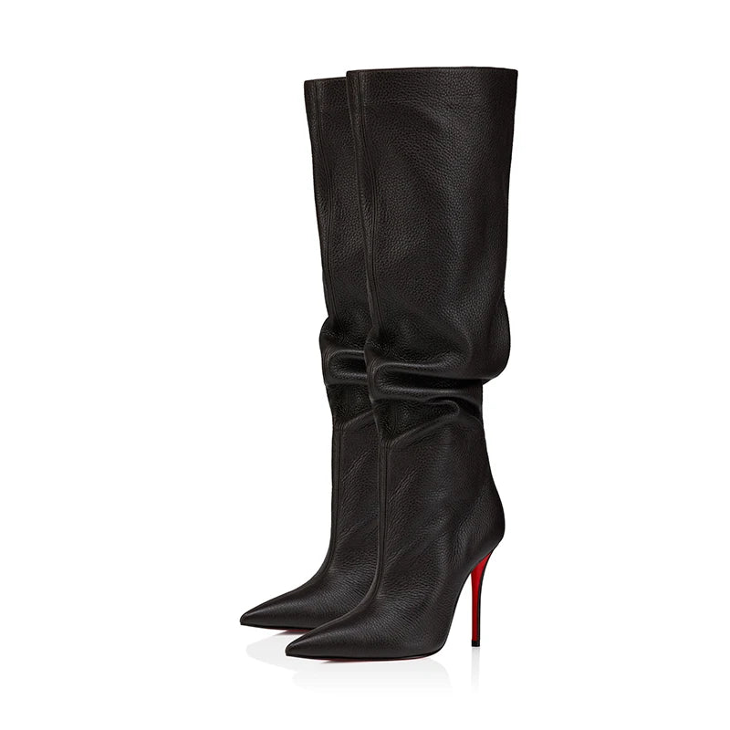 Ladies Ruched Knee‑High Leather Boots Pointed Toe Thin Stiletto Heel Long Booties Chic Dress Shoes for Club & Urban Occasions