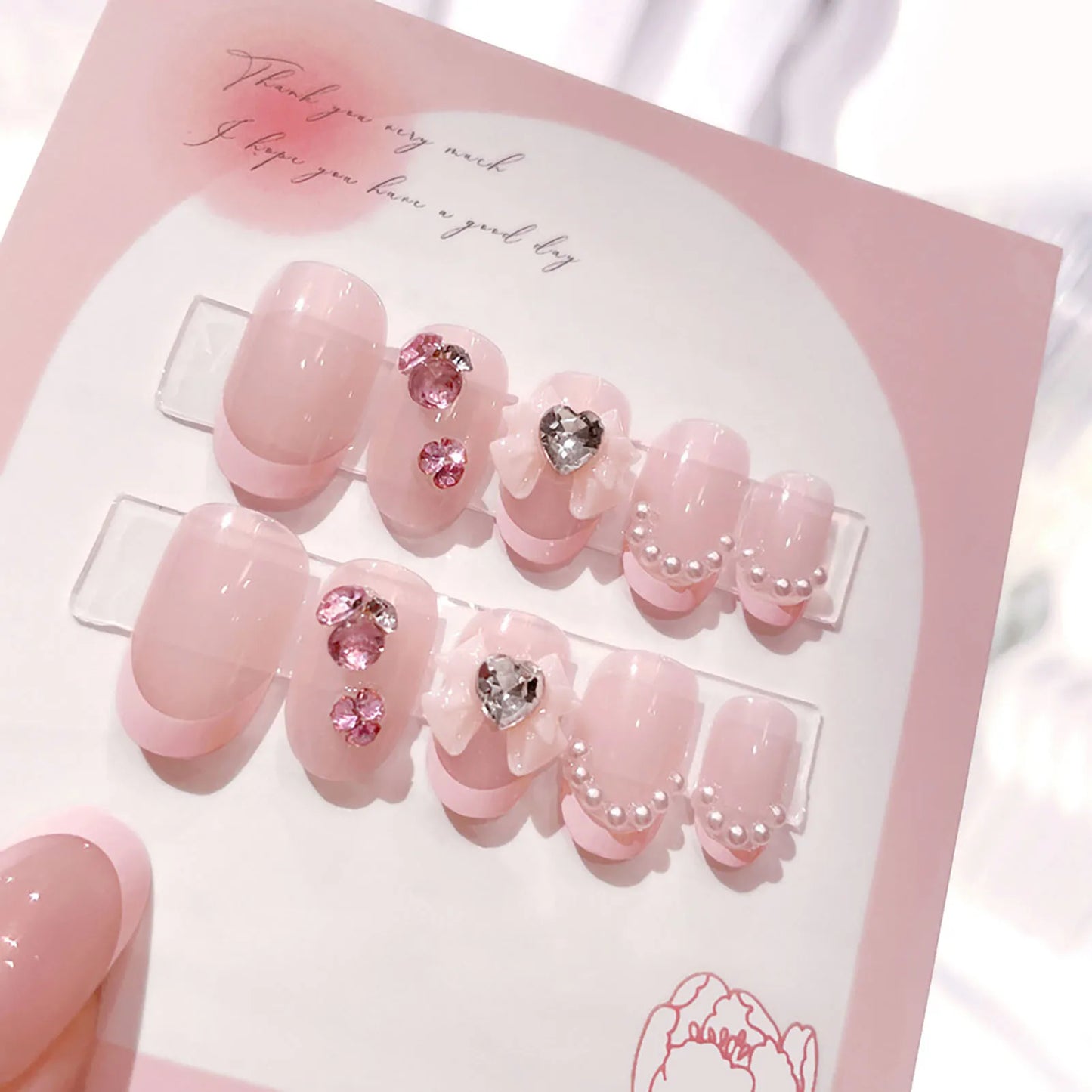 Glitter Fairy Rhinestone False nail Tips for Bride lady Wearable Sweet Crystal Design Press on Nails Mid Length Fake Nail Patch
