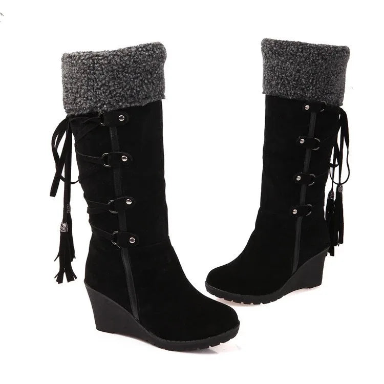 Women's High Boots 2022 Winter Fashion Lace-up Tassel Long Boots Women Platform Wedge Snow Boots Warm Cotton Boots Botas Mujer