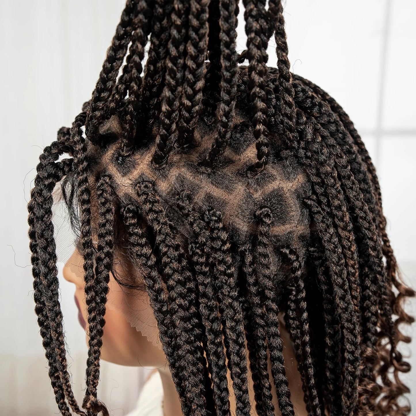 Knotless Box Boho Braided Wigs with Curly Ends Synthetic Full Lace Braided Lace Wigs Short Braided Bob Wig for Black Women