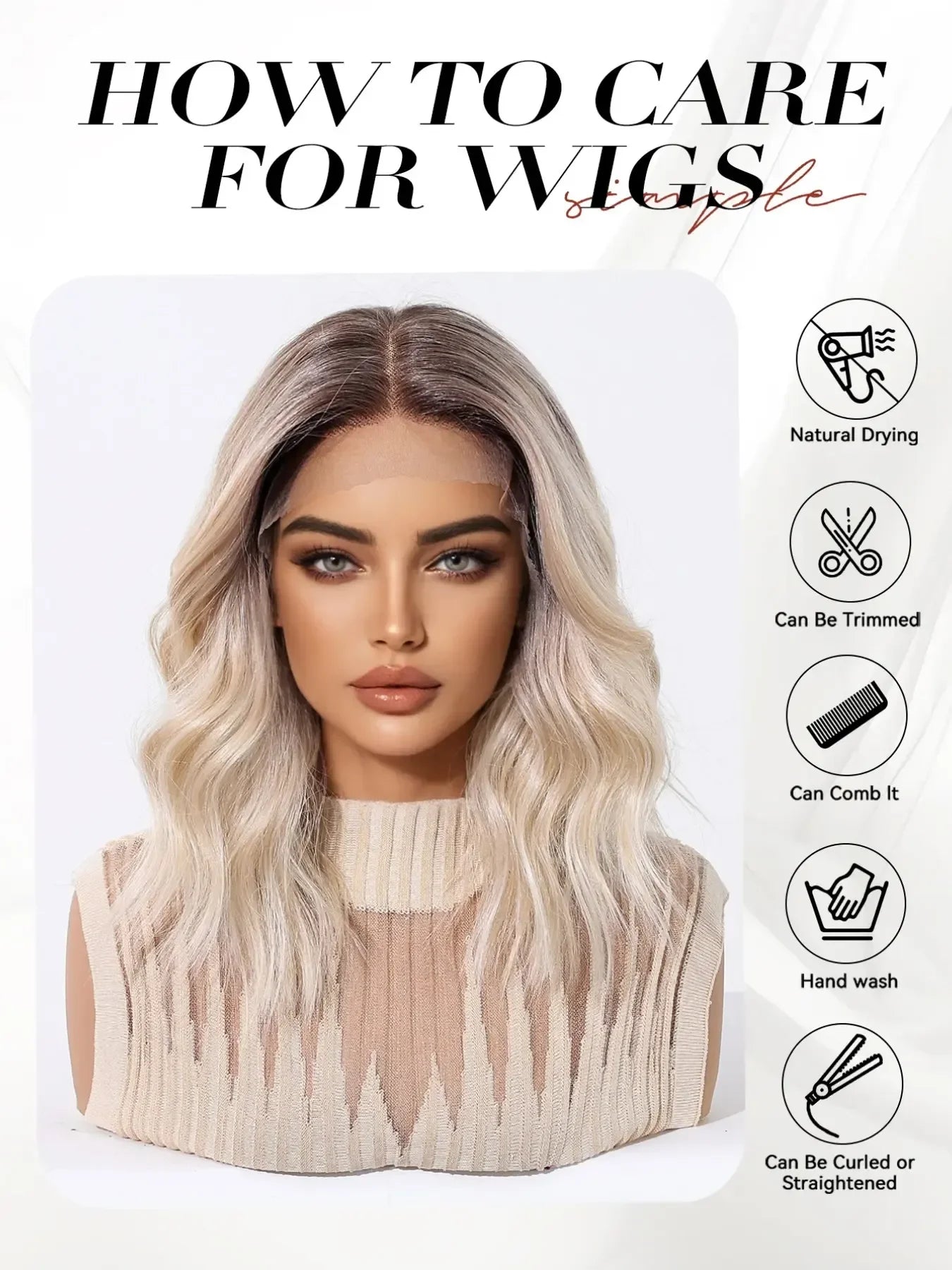 Topshe 13x6 HD Lace Front Short Wig Deep Root Gradient Platinum Blonde Curly Heat Resistant Synthetic Wigs for Women