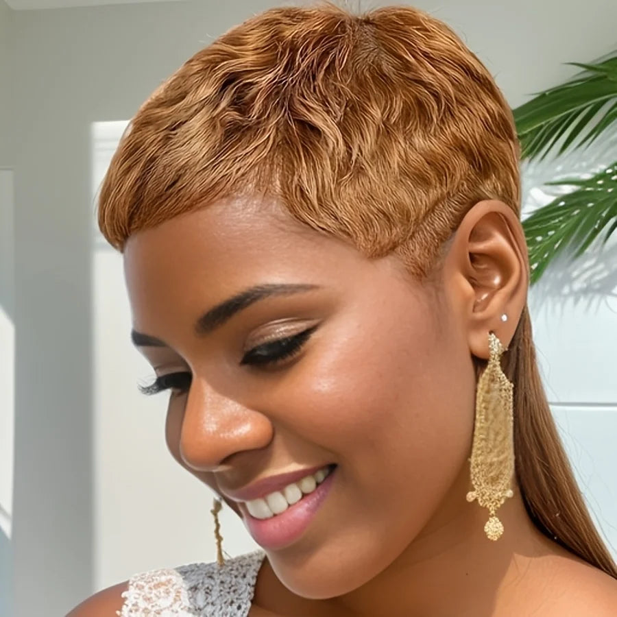 Chic Elegant 27#/30# Color Pixie Cut Curly Wave Human Hair Wig for Women Full Machine Made Wig for Daily Wear and Party 150% Density 4Inch