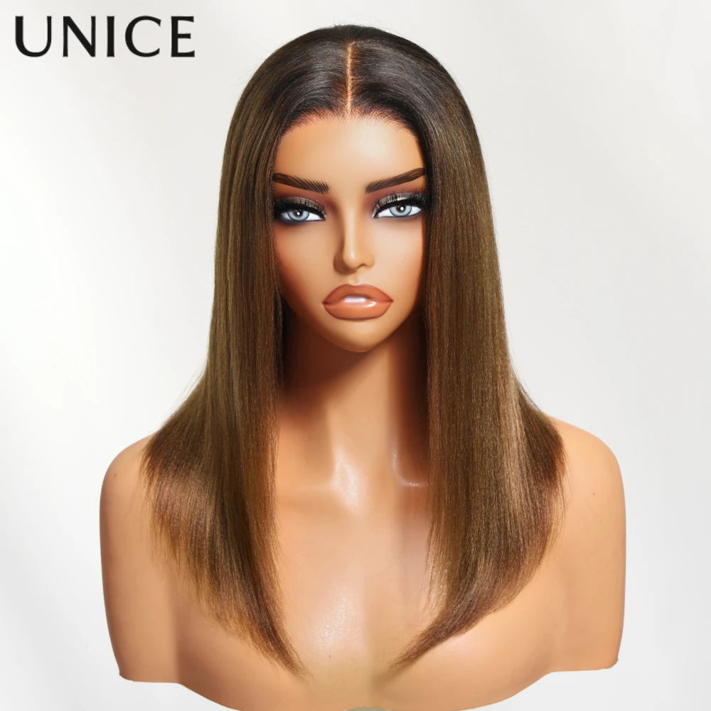 UNice Hair 7x5 & 13x4 Lace Chestnut Brown Ombre Yaki Straight Bob Wig With Drawstring Pre Cut Pre Bleached Glueless Wig Human Hair Ready To Wear