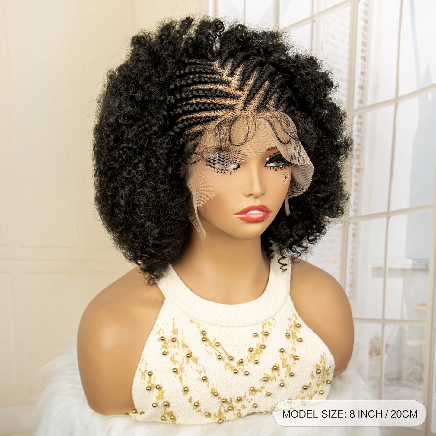 Full Lace Afro Braided Wig for Women African Wig Cornrow Braids Lace Wig with Baby Hair 8 Inch Short Kinky Curly Braid Wigs