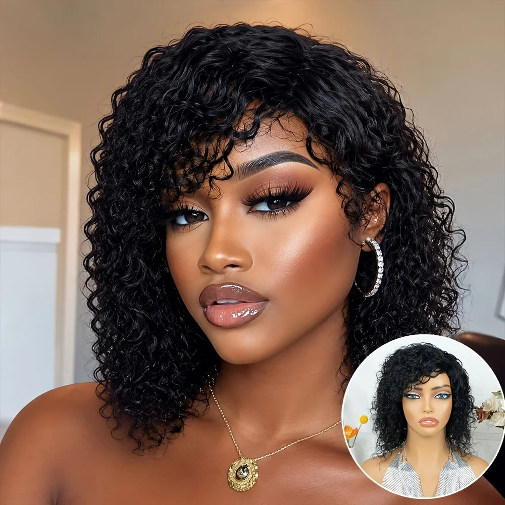Full Machine Made Short Curly Human Hair Wigs for Women, Natural Fluffy Tight Curly Human Hair Wig with Fringe Bangs, Comfortabl