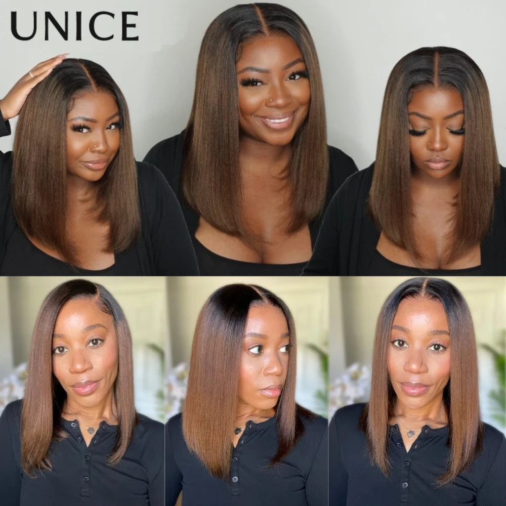UNice Hair 7x5 & 13x4 Lace Chestnut Brown Ombre Yaki Straight Bob Wig With Drawstring Pre Cut Pre Bleached Glueless Wig Human Hair Ready To Wear