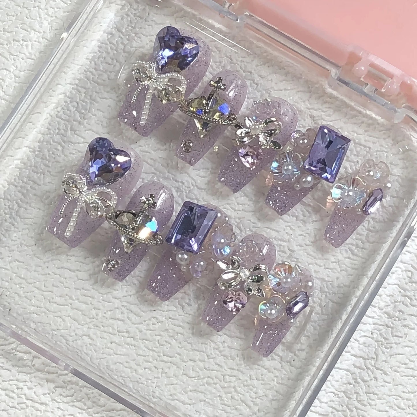 10pcs high-end Flash Aurora purple heart set with diamonds handmade fake nails