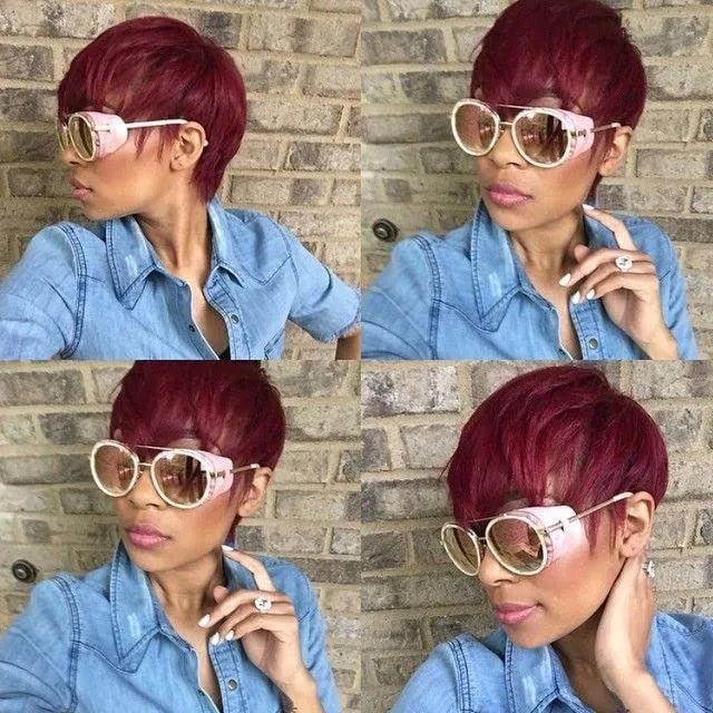 Sale 99J Pixie Cut Human Hair Short Layered Wigs for Women Right Side Long Bangs Wavy Hairstyle Machine Made Wig Burgundy Red C