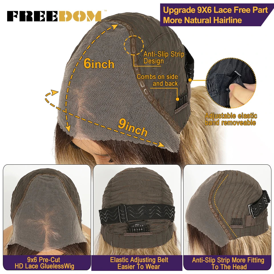 FREEDOM Body Wave Synthetic Lace Front Wigs For Women 9x6 Pre Plucked Lace Wig 20 inches Pre-cut Ombre Brown Blonde Cosplay Wigs