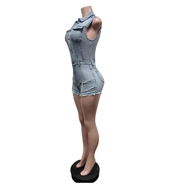 CM.YAYA Women V-neck Short Sleeve Denim tassel Short Jumpsuit Playsuits 2025 Summer Street Party Jeans Romper One Piece Outfits