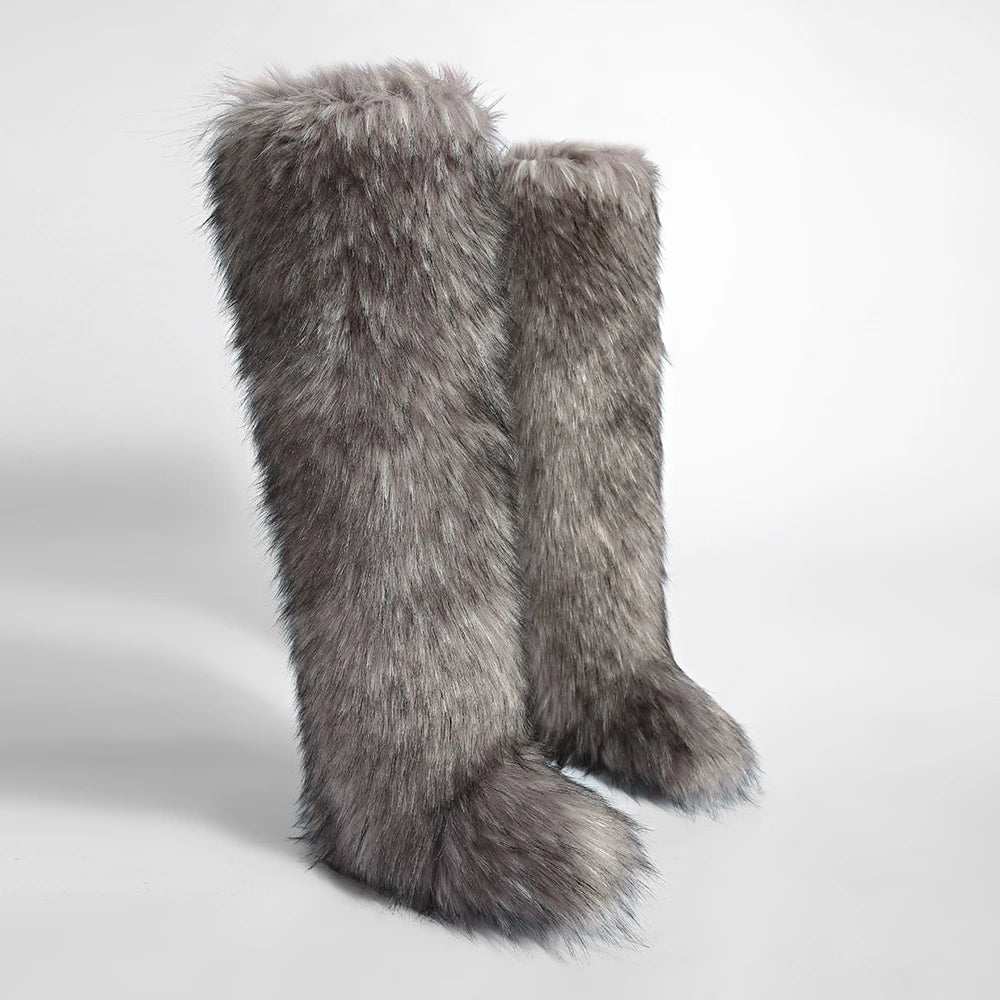 Women's Cozy Faux Fur over the Knee Boots Thigh High Fluffy Y2K Furry Fuzzy Warm Outdoor Comfortable Girls Boot