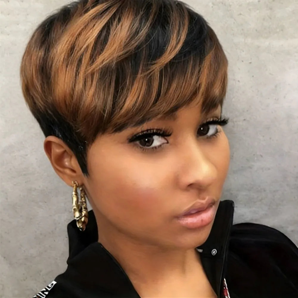 short straight human hair wig machine made pixie wig black brown color pixie cut wig for women daily party use wig