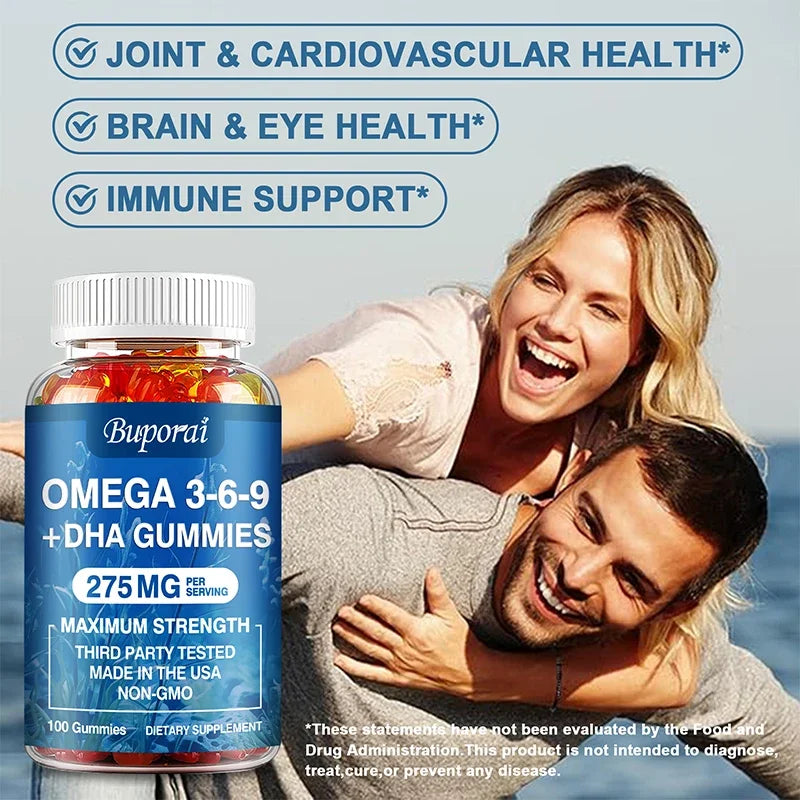 Omega 3 6 9 + DHA Gummies - Improves Circulation & Increases Antioxidant Activity, Supports Eye, Skin, Brain and Immune Health