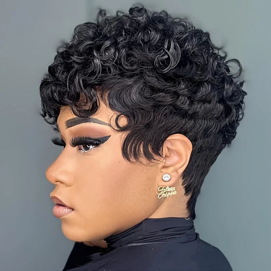 pixie cut natural black color 6inch daily party christmas use remy wig machine made wig 150% density short curly human hair wigs
