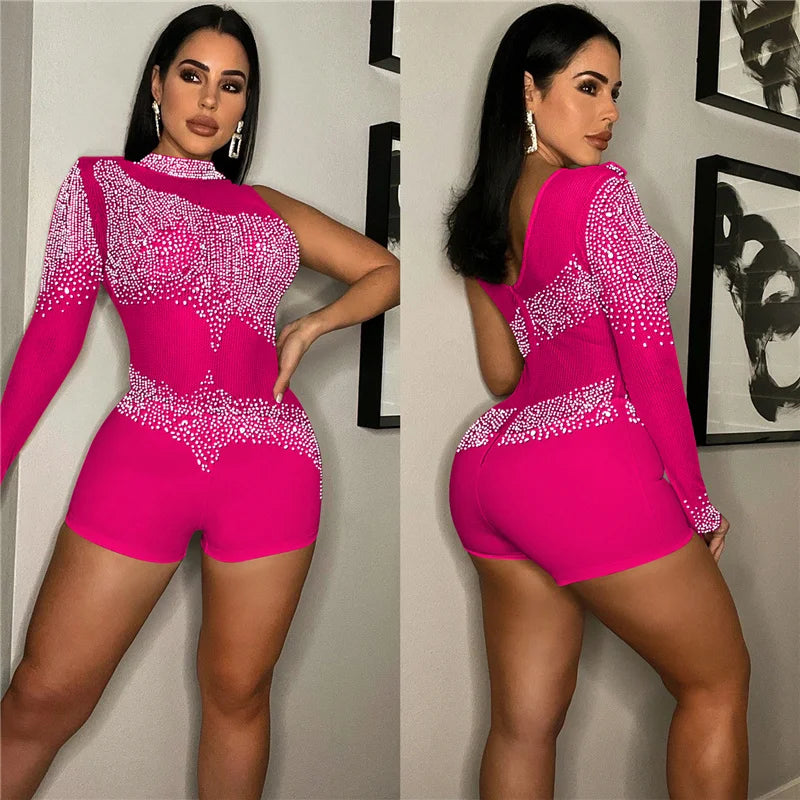 Sparkly Rhinestones Mesh Rompers Womens Jumpsuit Shorts Sexy Birthday Club Outfits One Sleeve Sheer Bodycon Playsuit Woman 2022