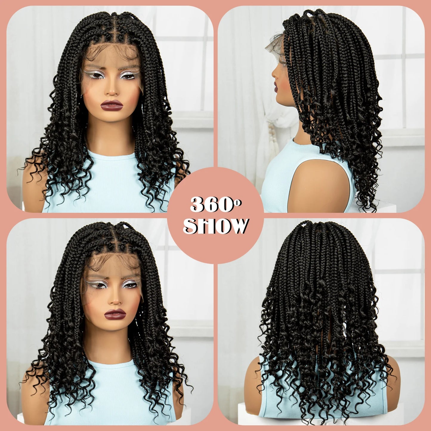 Knotless Box Boho Braided Wigs with Curly Ends Synthetic Full Lace Braided Lace Wigs Short Braided Bob Wig for Black Women
