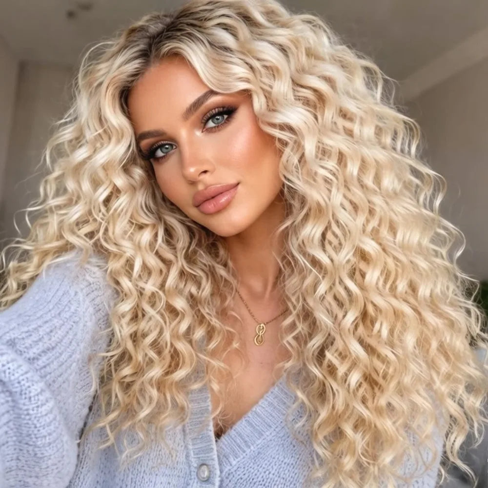 Kinky Curly Synthetic Lace Front Wigs Ombre Brown Roots Ash Blonde Wig 13x4 HD Long Curly Dance Party Street Wear Use