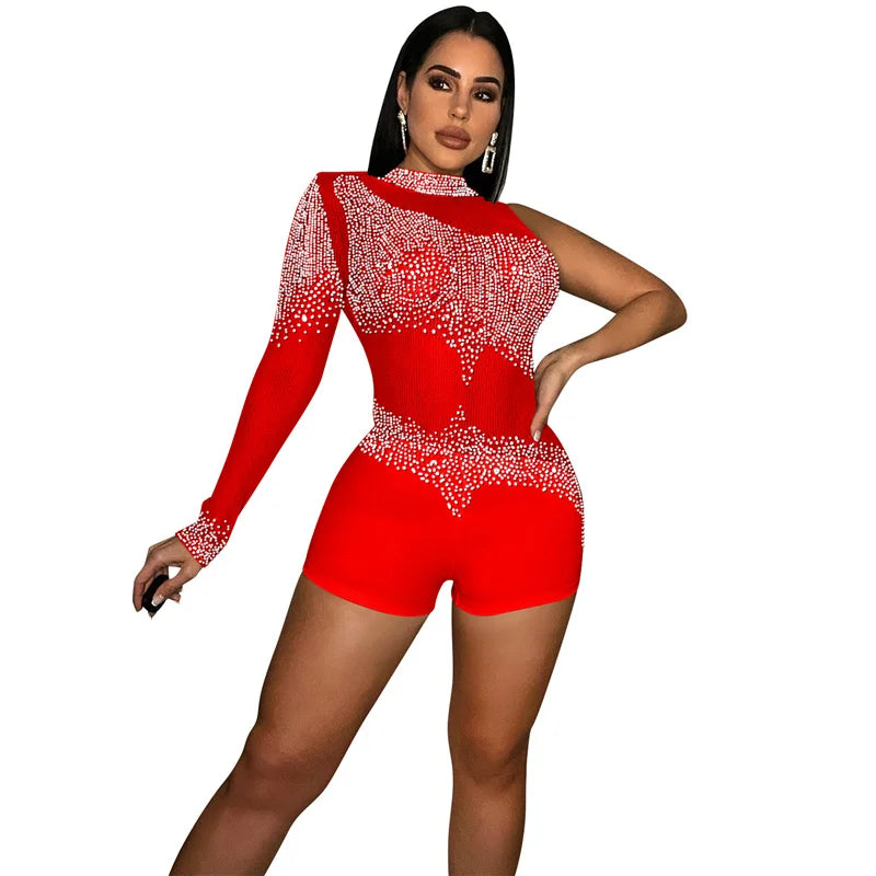 Sparkly Rhinestones Mesh Rompers Womens Jumpsuit Shorts Sexy Birthday Club Outfits One Sleeve Sheer Bodycon Playsuit Woman 2022