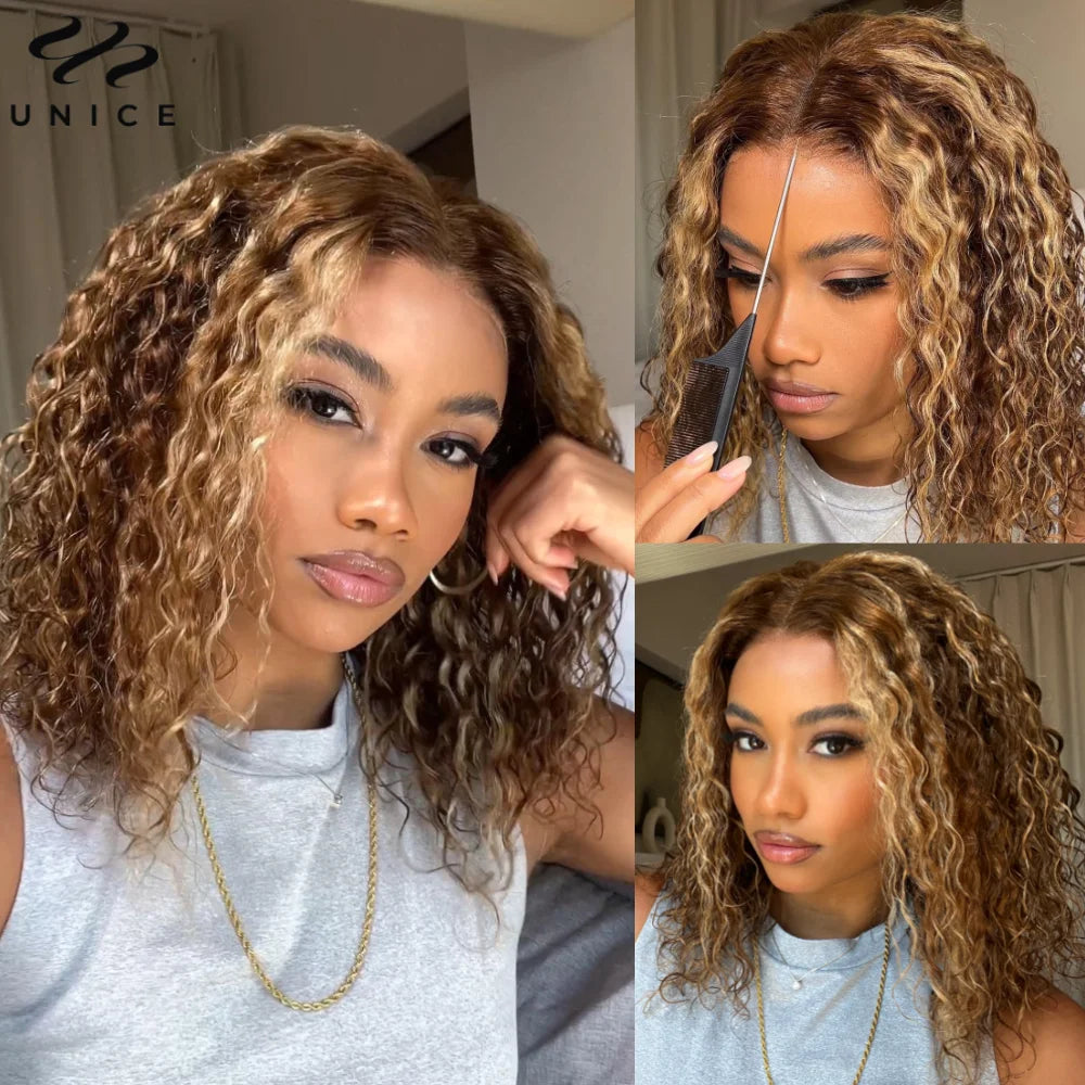 Unice Hair Blonde Highlight Water Wave Bob Wig 7x5 Bye Bye Slip Pre Cut Pre Bleached Glueless Wigs Human Hair Ready To Wear