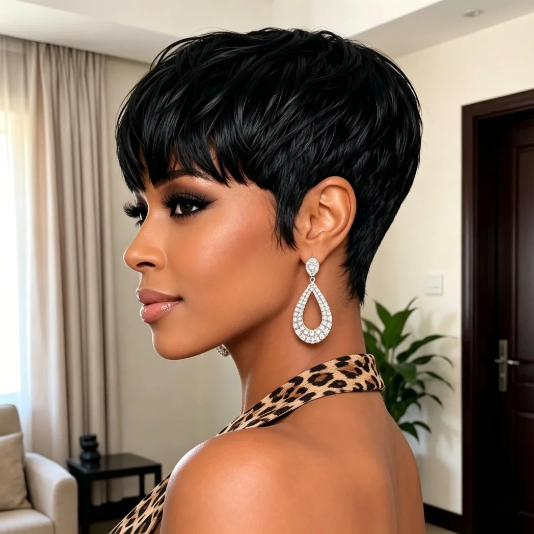 Full Machine Made Human Hair Short straight Pixie Wig Natural Black Bangs Short Wig for Women