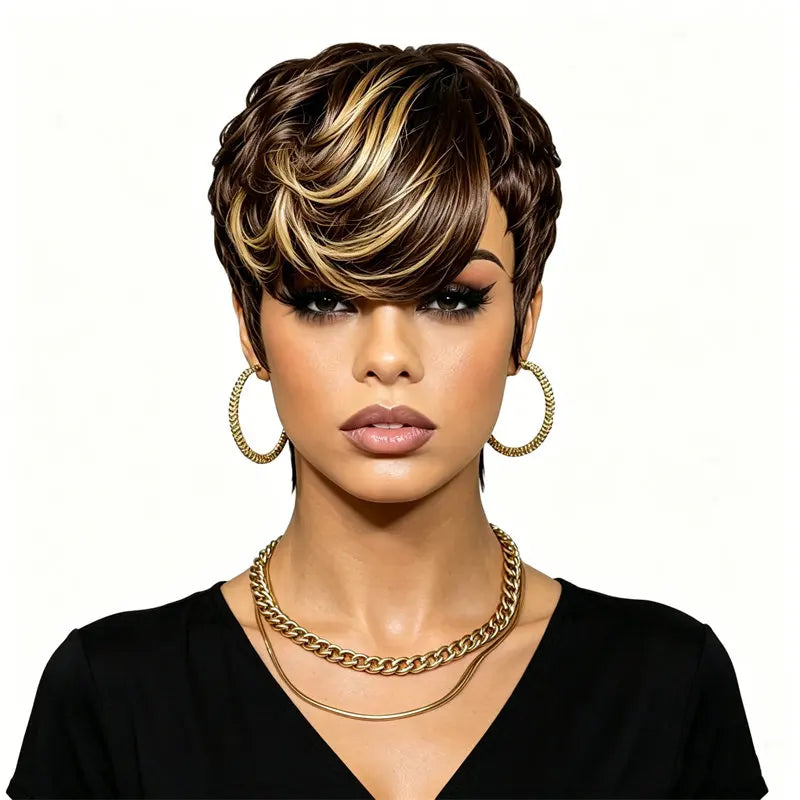 Pixie Cut Short Human Hair Wig 613 Brown & Blonde Ombre Full Machine Made Wig Fashion Style Perfect For Women Party Daily Use