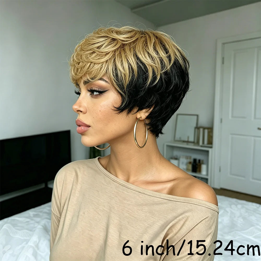 Curly Bob Wig Human Hair Black Champagne Color Hair With Bangs Machine Made Affordable Remy Fluffy Human Hair Wig