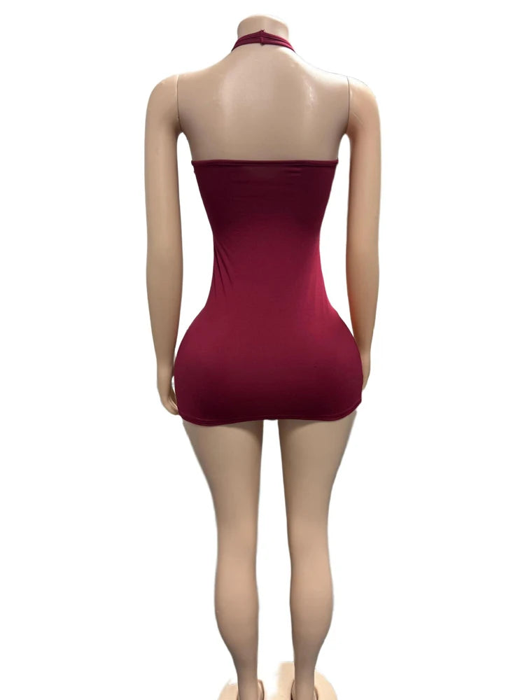 Sexy Women Dresses Halter Neck Lace Trim Front Hollow Sleeveless Skinny Clothing Midnight Club Party Bodycon Short Dress