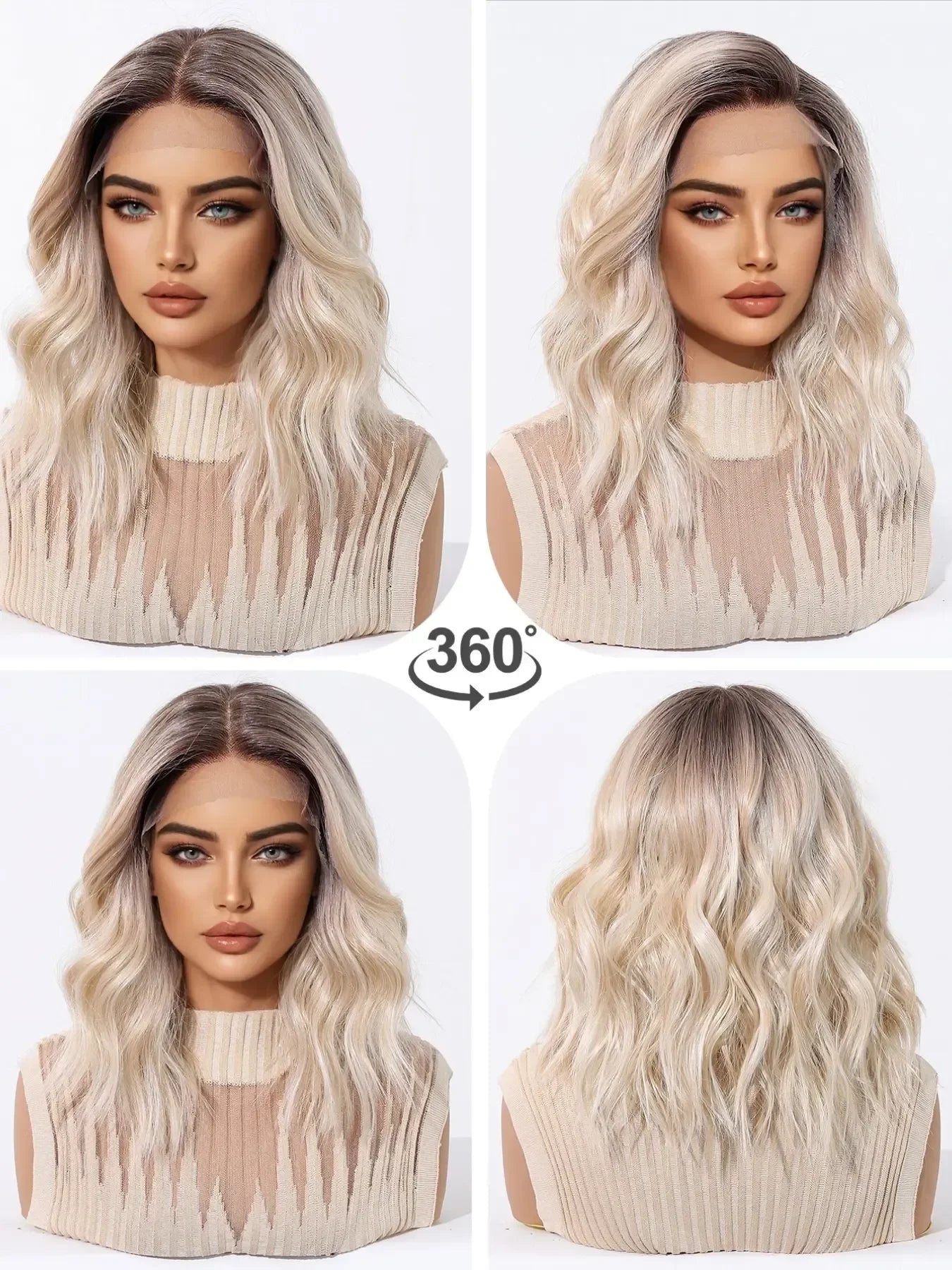 Topshe 13x6 HD Lace Front Short Wig Deep Root Gradient Platinum Blonde Curly Heat Resistant Synthetic Wigs for Women