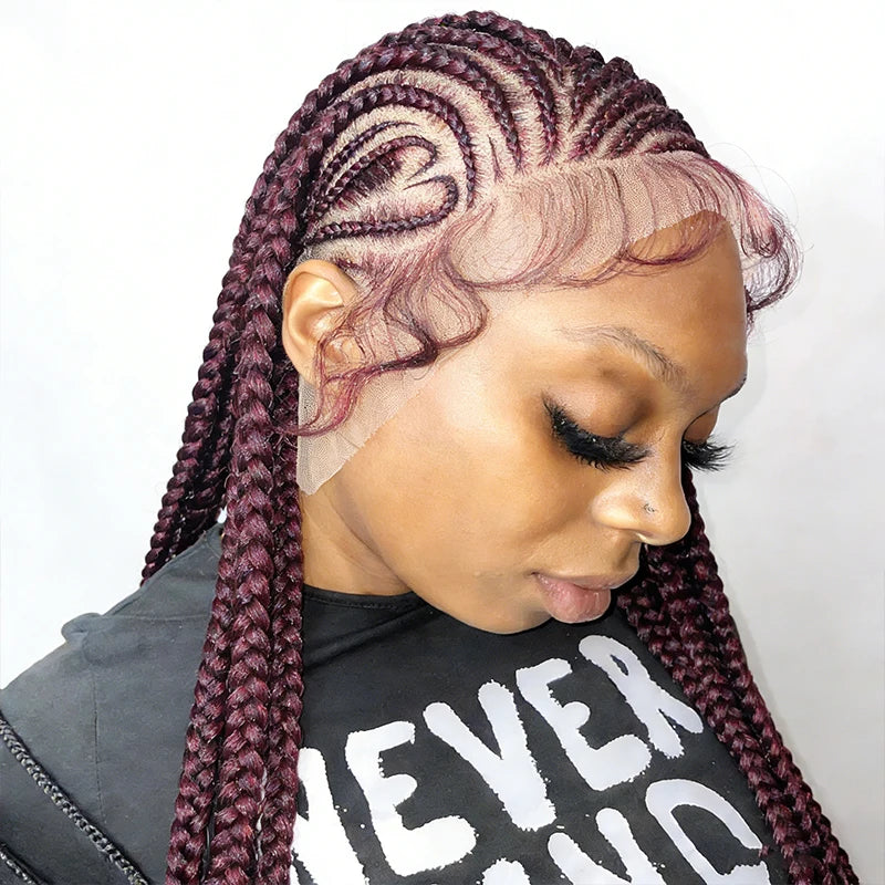 Burgundy Heart Synthetic  Full Lace Braided Wigs Knotless Cornrow Braid Lace Wig For Women Box Braids Wig With Baby Hair 36Inch