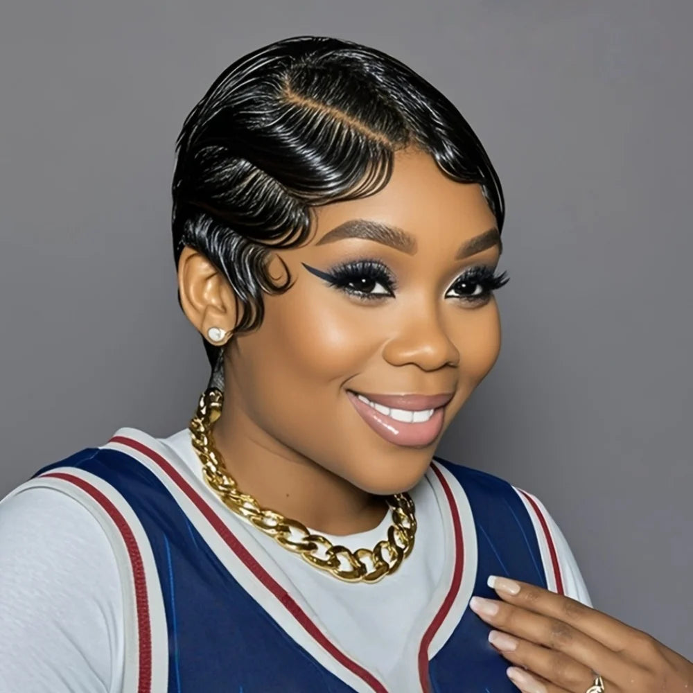 Finger Wave Brazilian Remy Human Hair 13x4 Lace Front Wig 180% Density Pixie Cut for Natural Look  Black 99j wig