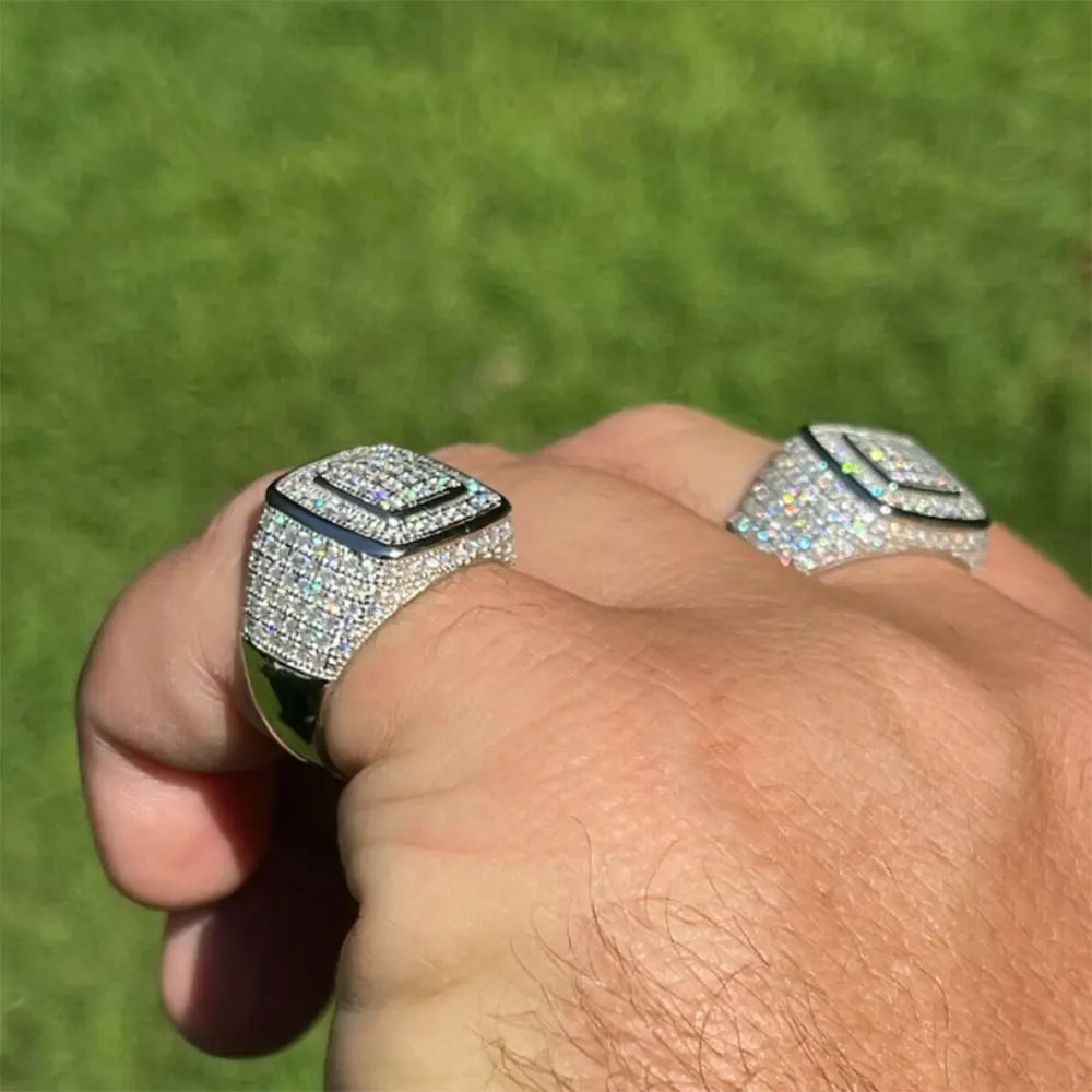Square Micro Pave Set CZ Ring Cluster Iced Out Band Mens Bling Zircon Little Finger Ring for Men Hip Hop Rapper Jewelry
