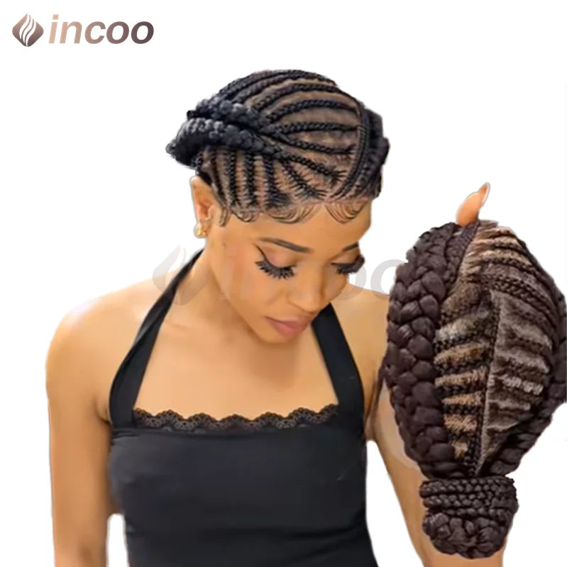 12 Inch African Cornrow Box Braids Bun Short Synthetic Full Lace Braided Wigs Glueless Natural Looking Box Braids Hair for Women