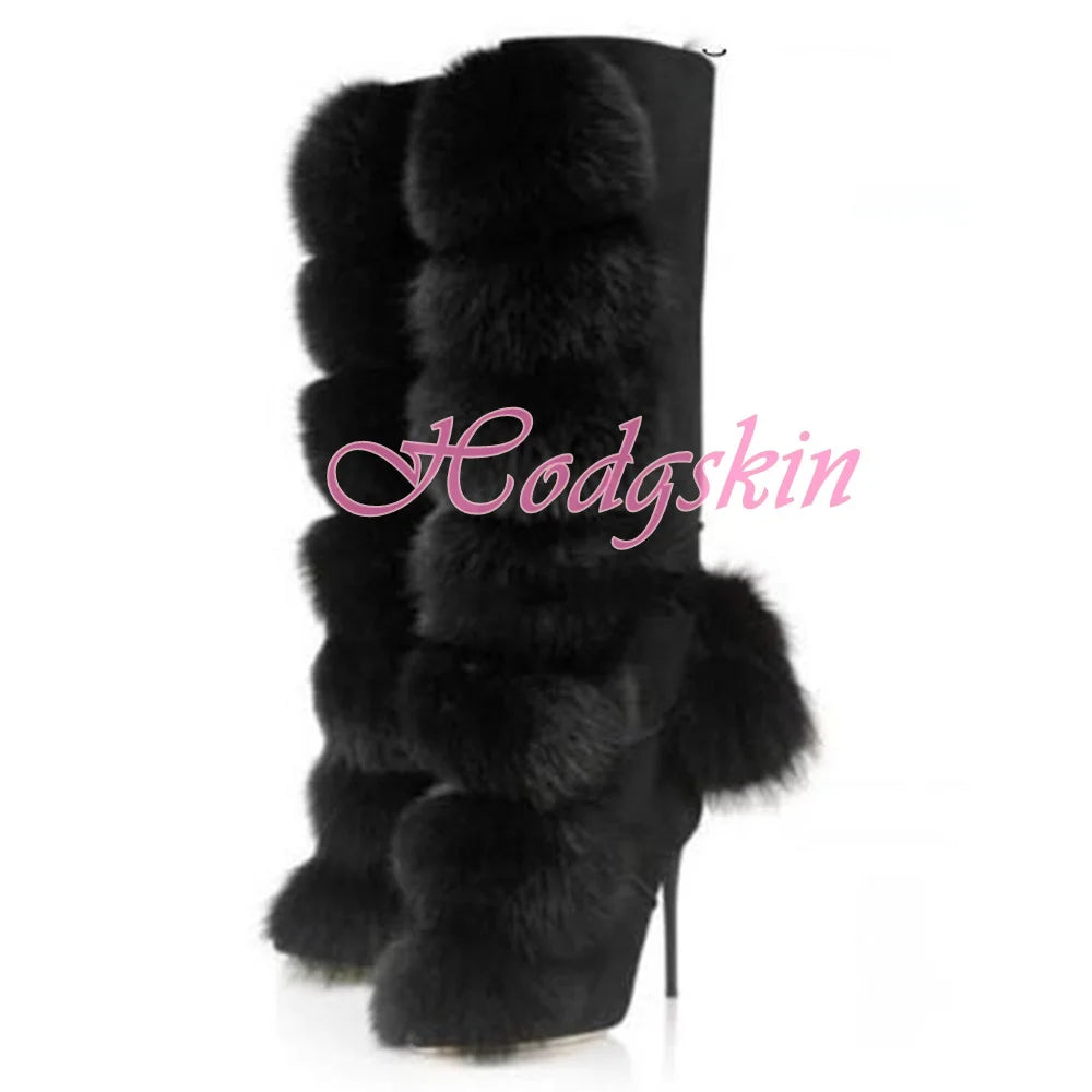 Plush Ball Lace Up Boots Stiletto Heels Solid Black Knee High Boots Pointy Toe Side Zipper Winter Women Party Dress Shoes Sexy