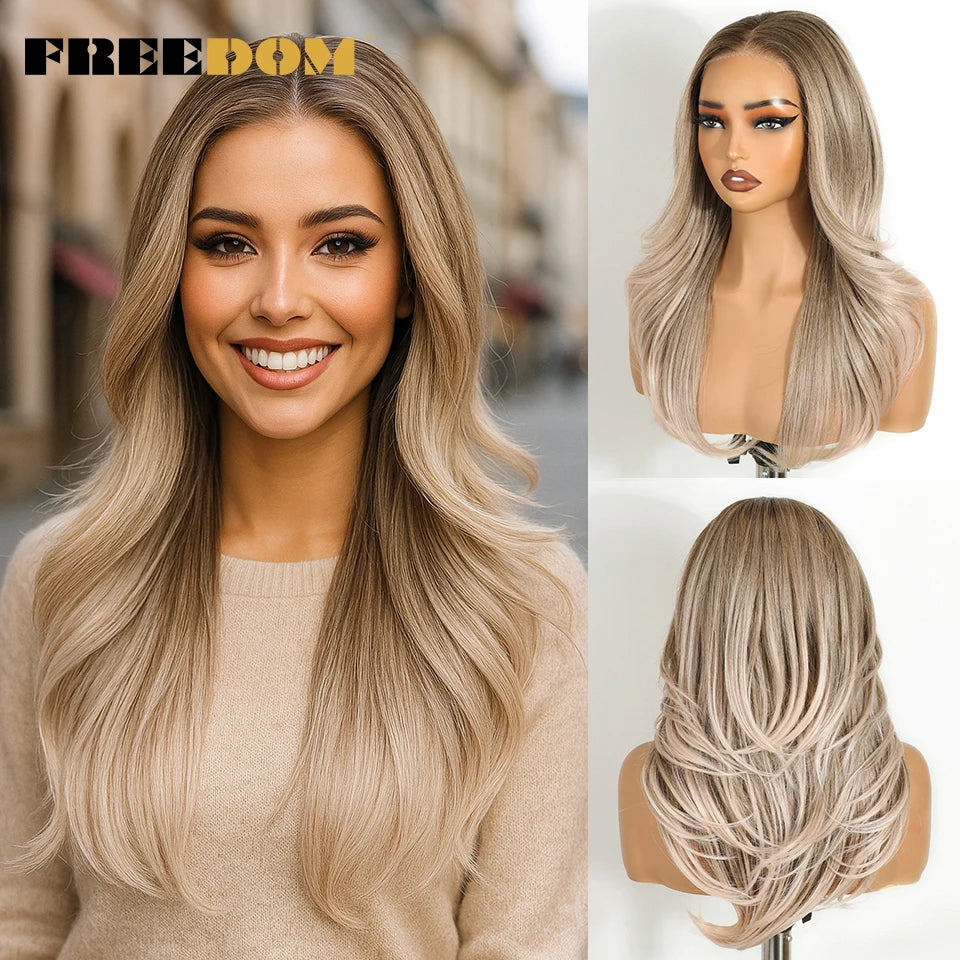 FREEDOM Layered Synthetic Lace Front Wigs For Women 20 Inch Ombre Blonde Wavy  6X4 Pre Plucked Wear And Go Glueless Lace Wigs
