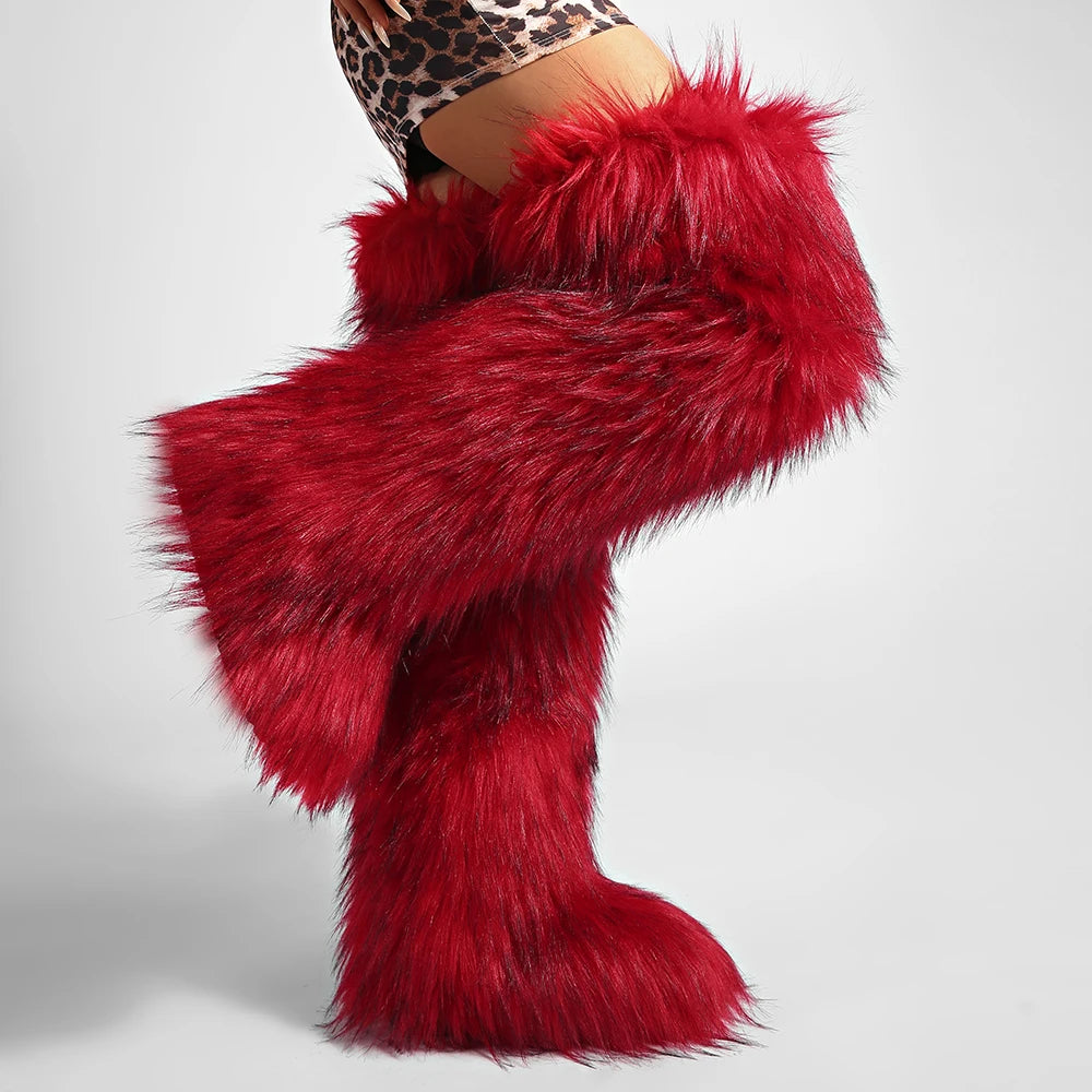 Women's Cozy Faux Fur over the Knee Boots Thigh High Fluffy Y2K Furry Fuzzy Warm Outdoor Comfortable Girls Boot