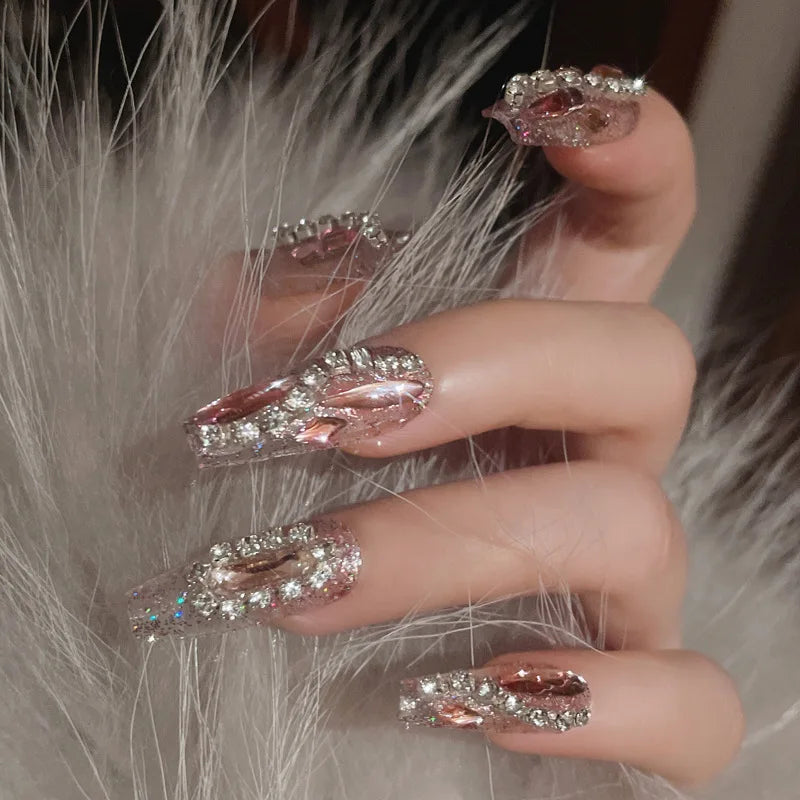 Glitter Fairy Rhinestone False nail Tips for Bride lady Wearable Sweet Crystal Design Press on Nails Mid Length Fake Nail Patch