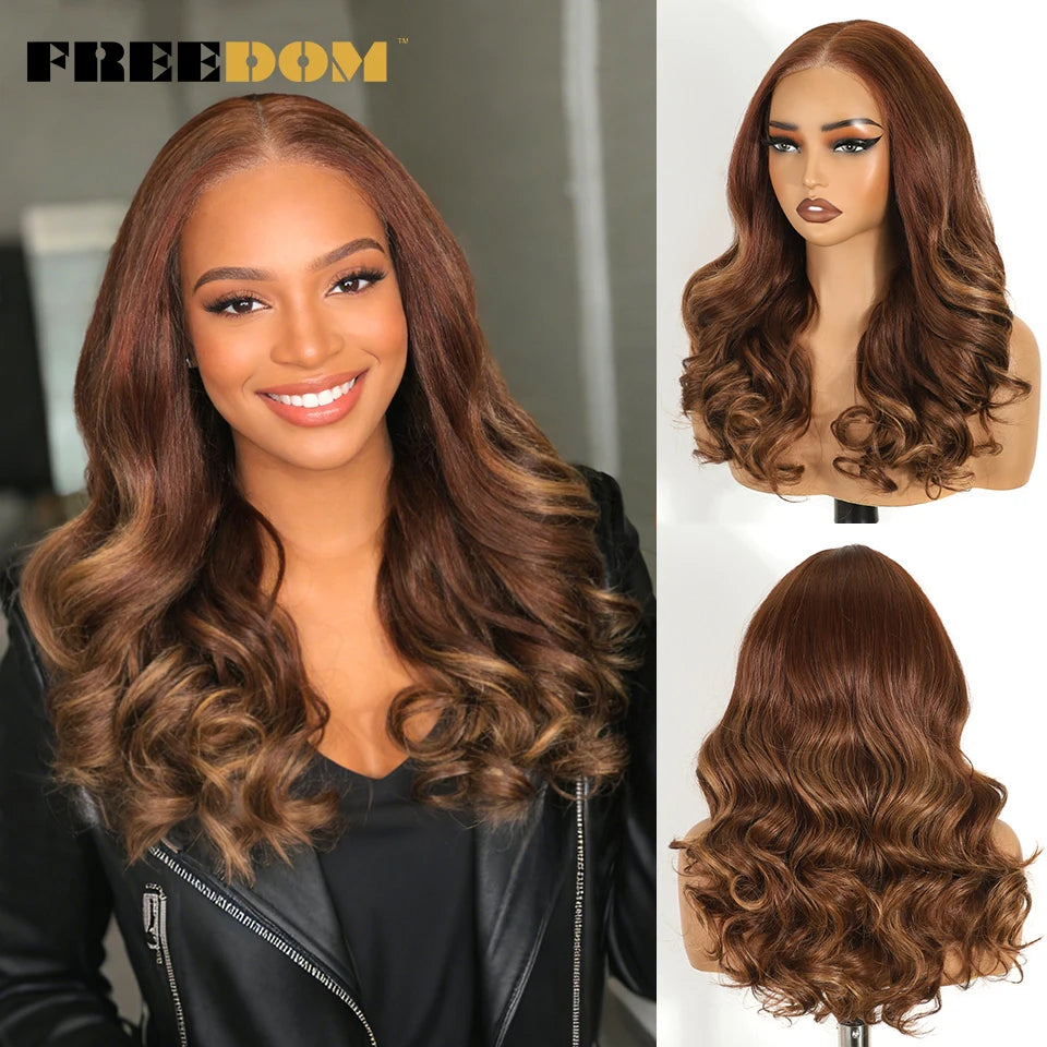 FREEDOM Body Wave Synthetic Lace Front Wigs For Women 9x6 Pre Plucked Lace Wig 20 inches Pre-cut Ombre Brown Blonde Cosplay Wigs