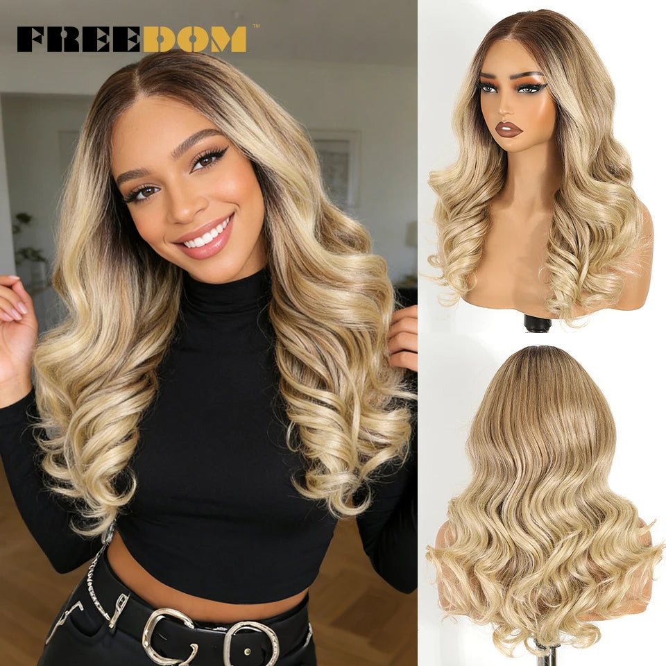 FREEDOM Body Wave Synthetic Lace Front Wigs For Women 9x6 Pre Plucked Lace Wig 20 inches Pre-cut Ombre Brown Blonde Cosplay Wigs