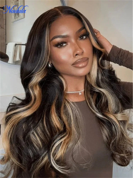 Nadula Highlights Blonde Human Hair Wig with Face-Framing Loose Wave 7x5 Pre Cut HD Transparent Lace Glueless Wig 100% Human Hair Pre Bleached Knots Pre Plucked Put and Go Drawstring Wig for All Heads Sizes Last More Than 1 Y